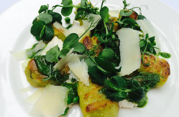 Pea, Courgette & Mint Gnocchi with Crumbled Goats’ Cheese & Rocket Pesto