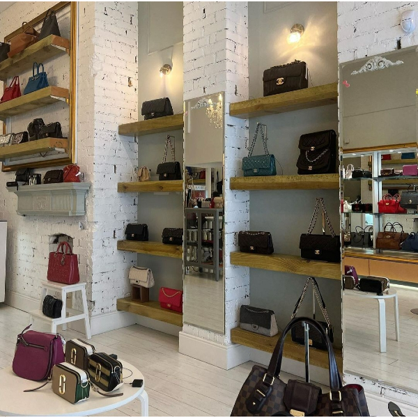 Designer bags displayed in second hand shop in Dublin