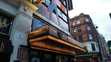 The Queen’s Theatre exterior advertising Les Misérables