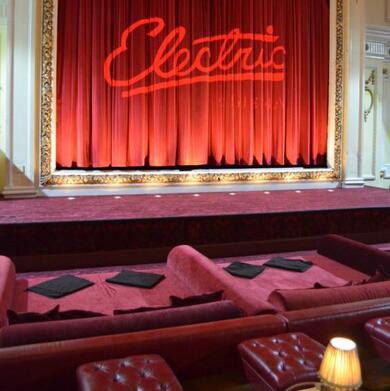 image of theatre with word Electric written on red curtains