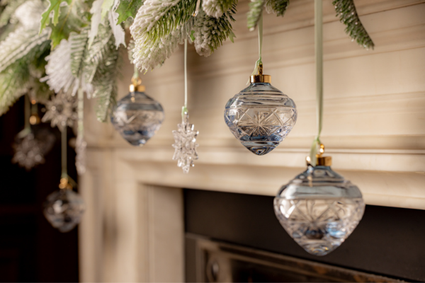 Close-up of Waterford crystal baubles hanging the fireplace decorations at The Kensington Hotel.