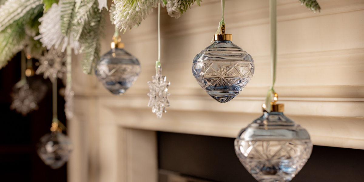 Close-up of Waterford crystal baubles hanging the fireplace decorations at The Kensington Hotel.