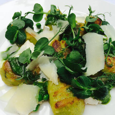 Pea, Courgette & Mint Gnocchi with Crumbled Goats’ Cheese & Rocket Pesto