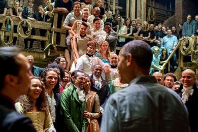 Obama greets the cast and crew of Hamilton musical