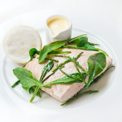 introducing June's dish of the month at 108 brasserie in the marylebone hotel poached salmon with orange hollandaise and sea vegetables 