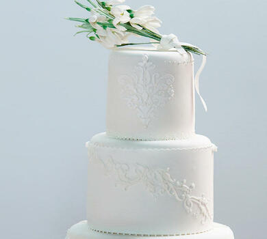 a three tier white wedding cake decorated with small white flowers 