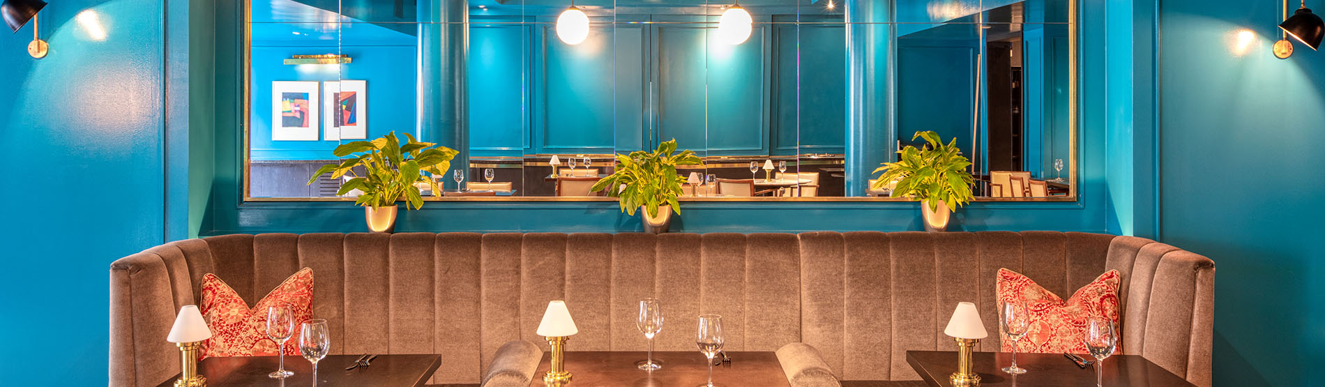 Restaurant with vibrant blue walls