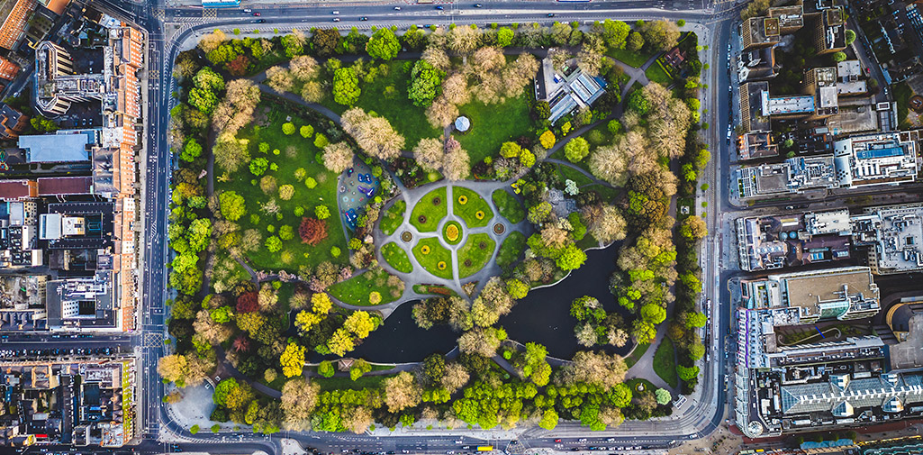 Arial view of St Stephens Green park in Dublin