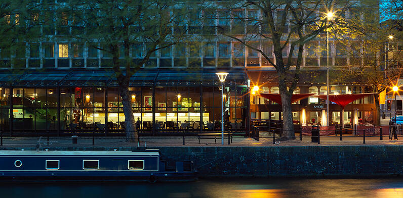 Harbourside view of The Bristol at twilight 
