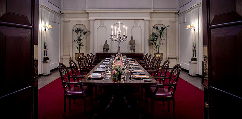 the Chapel set for private dining with large candelabra 