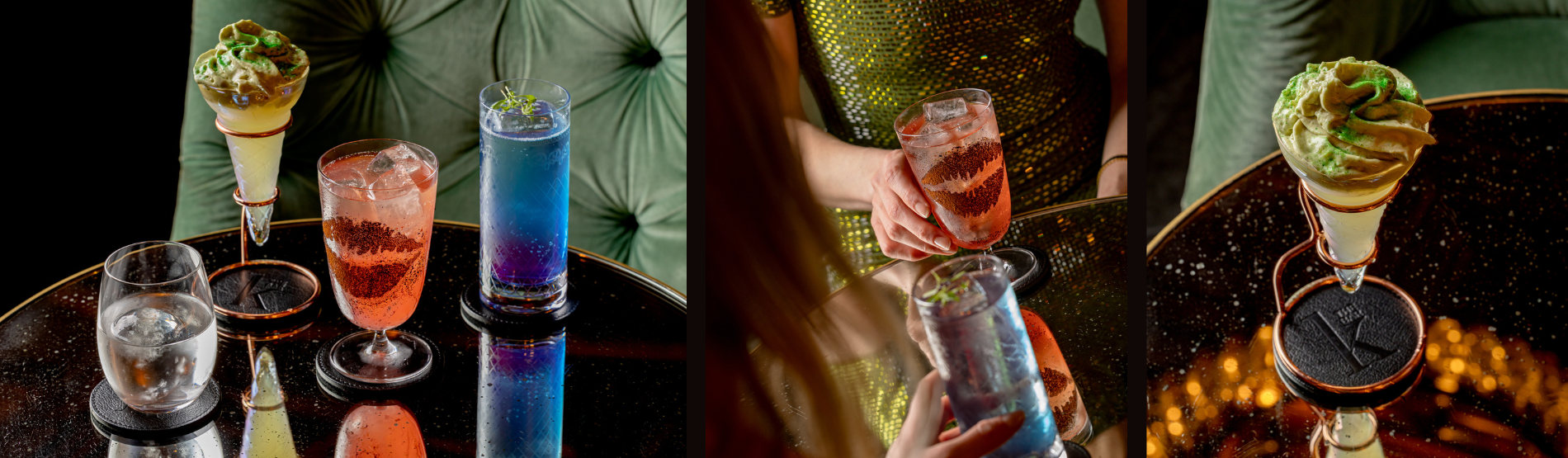 Luxury cocktail experience at The K Bar, London: A colorful table spread of unique drinks, featuring the Schiaparelli-inspired red 'kiss' cocktail, a blue botanical serve, and a creative ice cream-themed cocktail