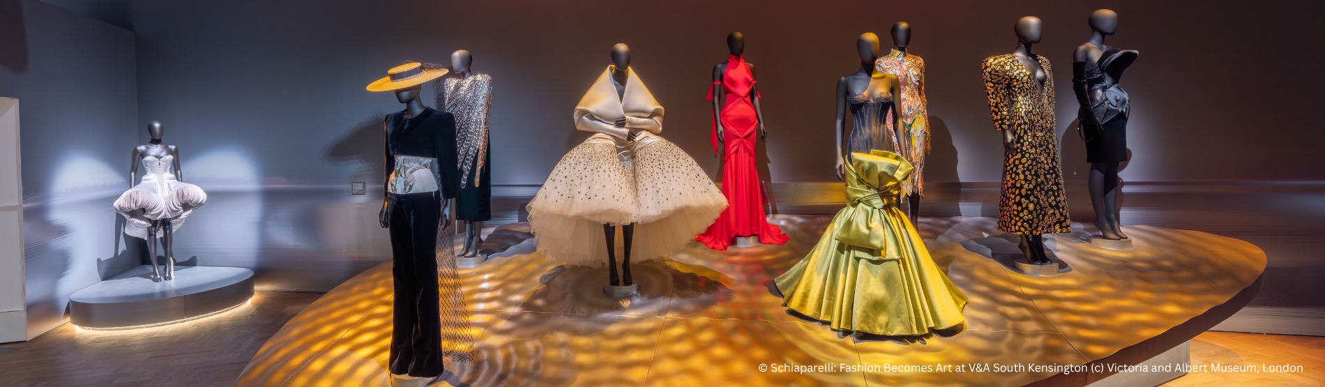 A grand exhibition at the V&A featuring an extensive collection of mannequins adorned in Schiaparelli couture