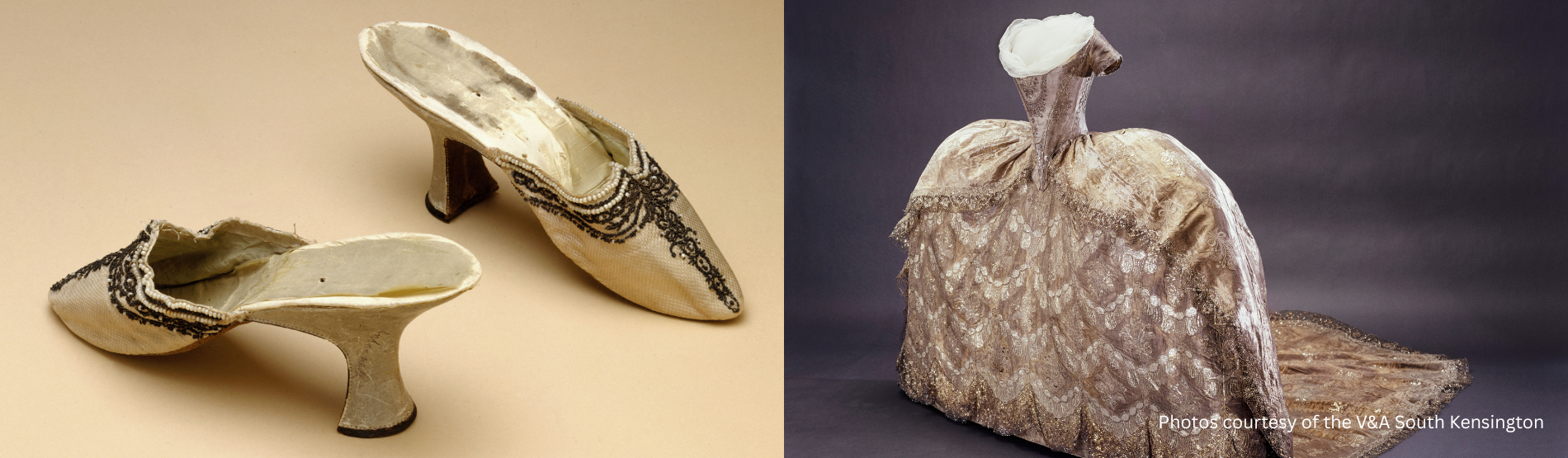 Exquisite shoes and dress on display at the Marie Antoinette exhibition