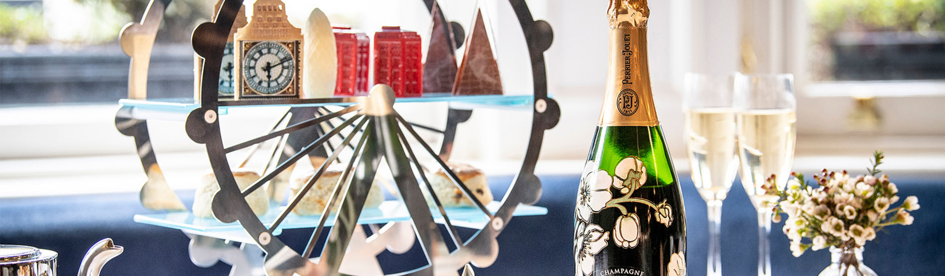 Afternoon tea incorporating famous London landmarks including Champagne