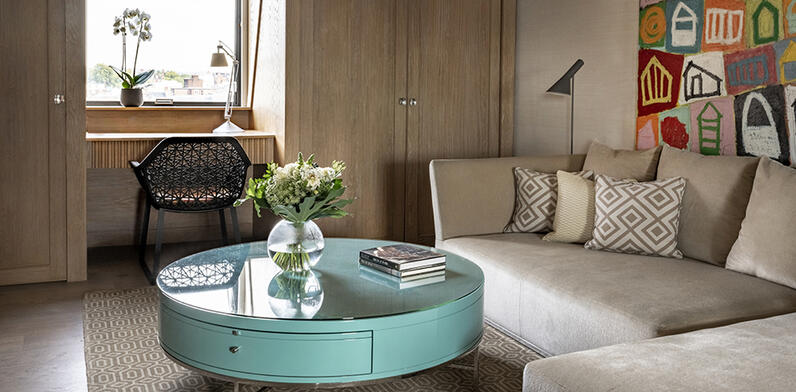 Lounge seating area in the terrace suite in the Marylebone