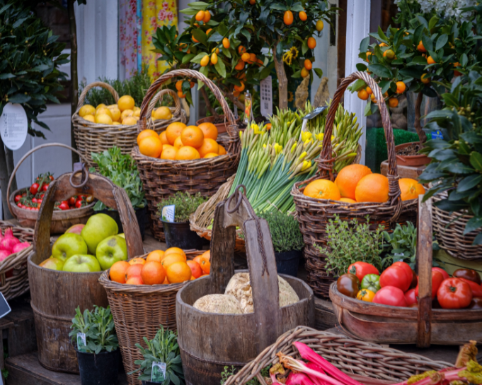 Fresh produce in a basket at a London farmers market.