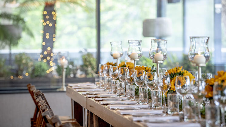 Long table with dinner setting and flowers
