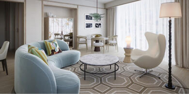 Illustrative preview of how a luxury suite at The River Lee Hotel may look, featuring a stylish sofa, table, and large windows, representing the design of the hotel’s new luxury and studio suites.