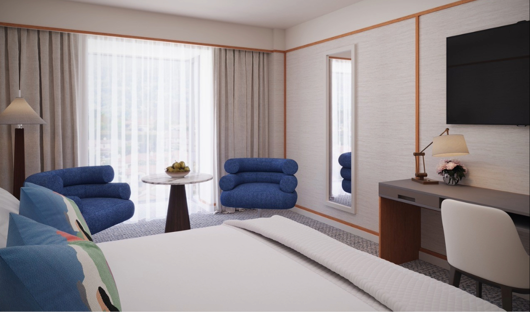 Digital art in a colorful cartoon style depicting a Deluxe Room 1 King Bed River View at The River Lee, highlighting a plush double bed and a cozy seating area with two bright blue armchairs.