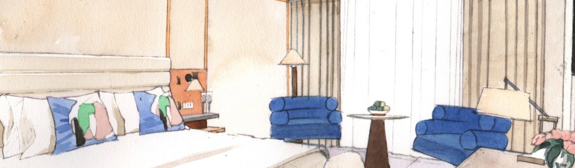 A vibrant, cartoon-style illustration of a guest room at The River Lee hotel, featuring a large deluxe bed with crisp white linens flanked by two modern blue armchairs and a small side table.