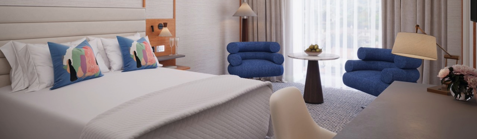 A vibrant, cartoon-style illustration of a guest room at The River Lee hotel, featuring a large deluxe bed with crisp white linens flanked by two modern blue armchairs and a small side table.