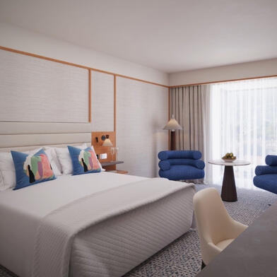 Cartoon illustration of a Deluxe Room 1 King Bed River View at The River Lee hotel featuring two signature blue armchairs and a large bed.