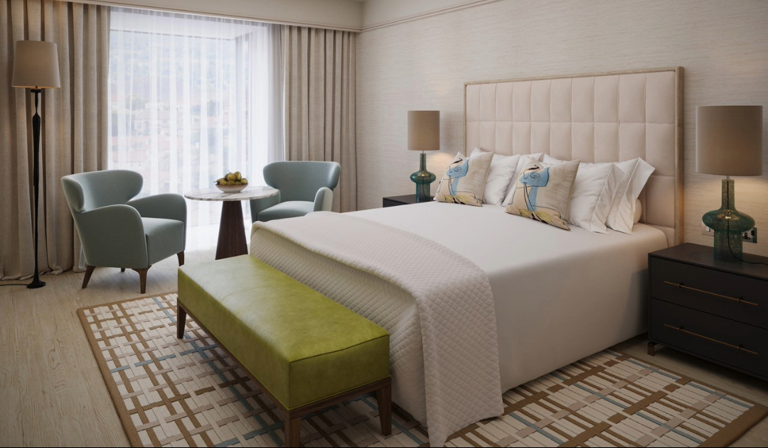 Luxury Suite Bedroom Illustration: King bed and window seating area at The River Lee Hotel