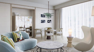 llustrative view of the Luxury Suite seating area at The River Lee, featuring a large sofa bed, armchair, and a 4-person dining table in a bright, sunlit room