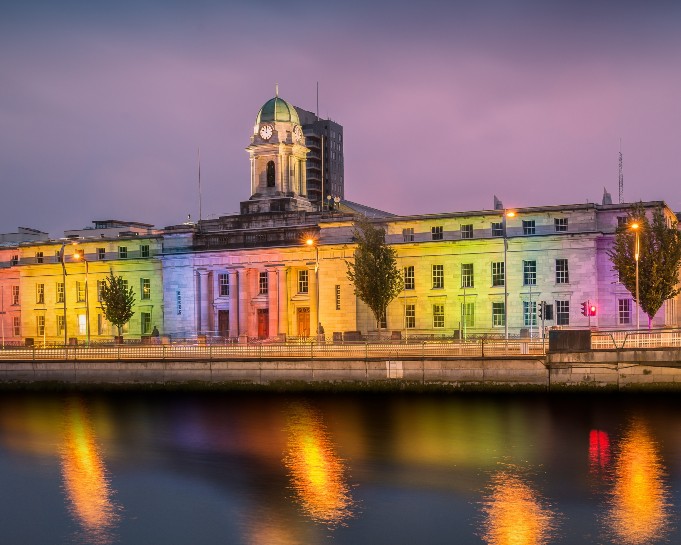 Cork city hall with rainbow lighting