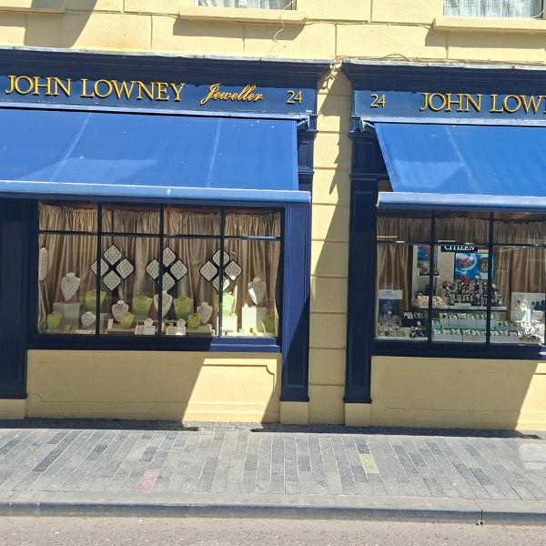 The storefront and exterior facade of The Lowney jewelry shop, located in West Cork.
