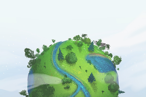 Illustration of a green globe with rivers and trees