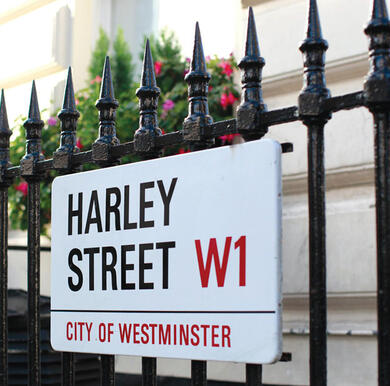signpost for Harley Street W1 on a gate